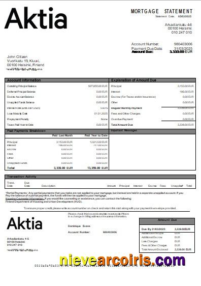 Finland Aktia Bank mortgage statement